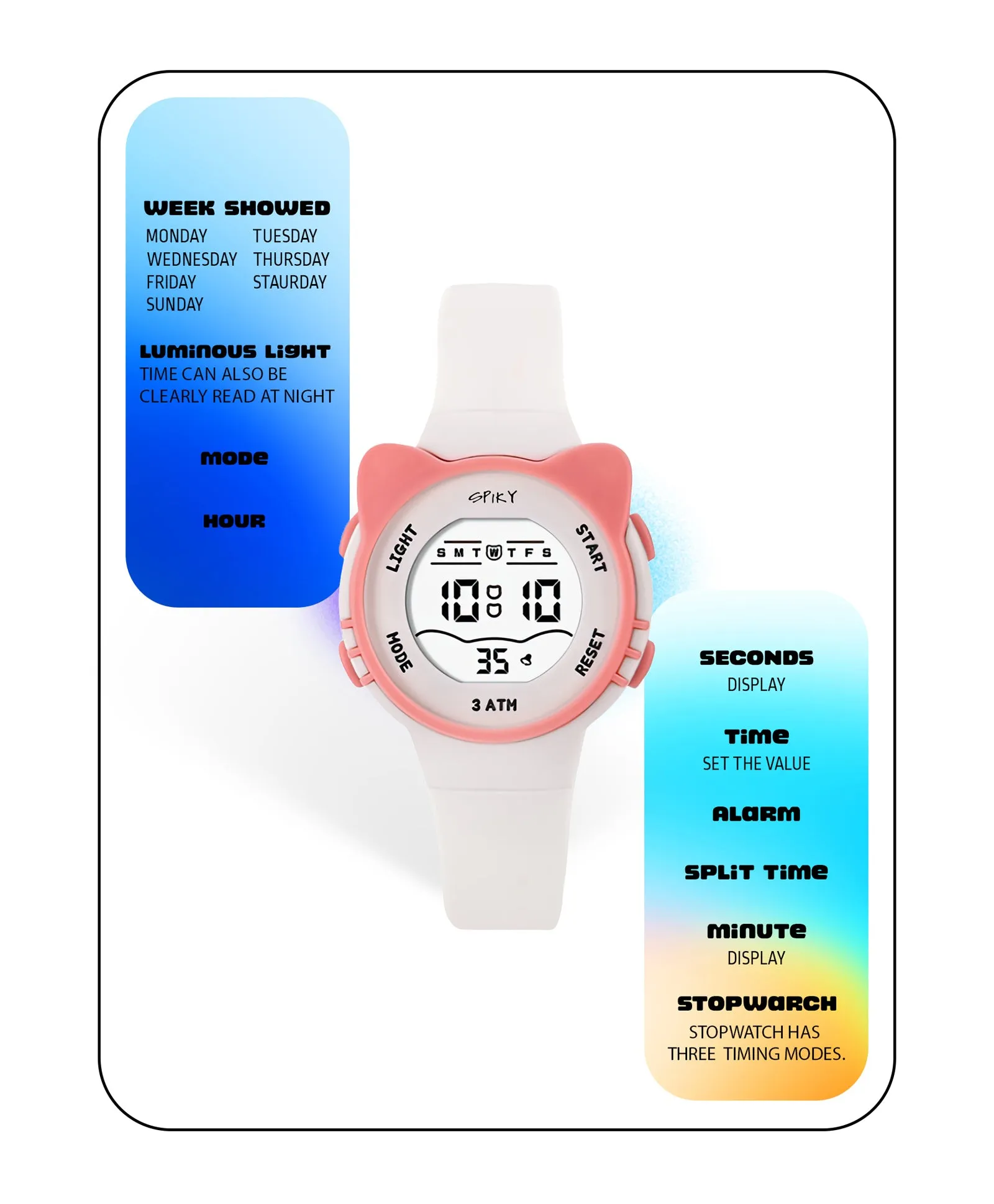 Spiky Round Cat Shaped Sports Digital Watch - White