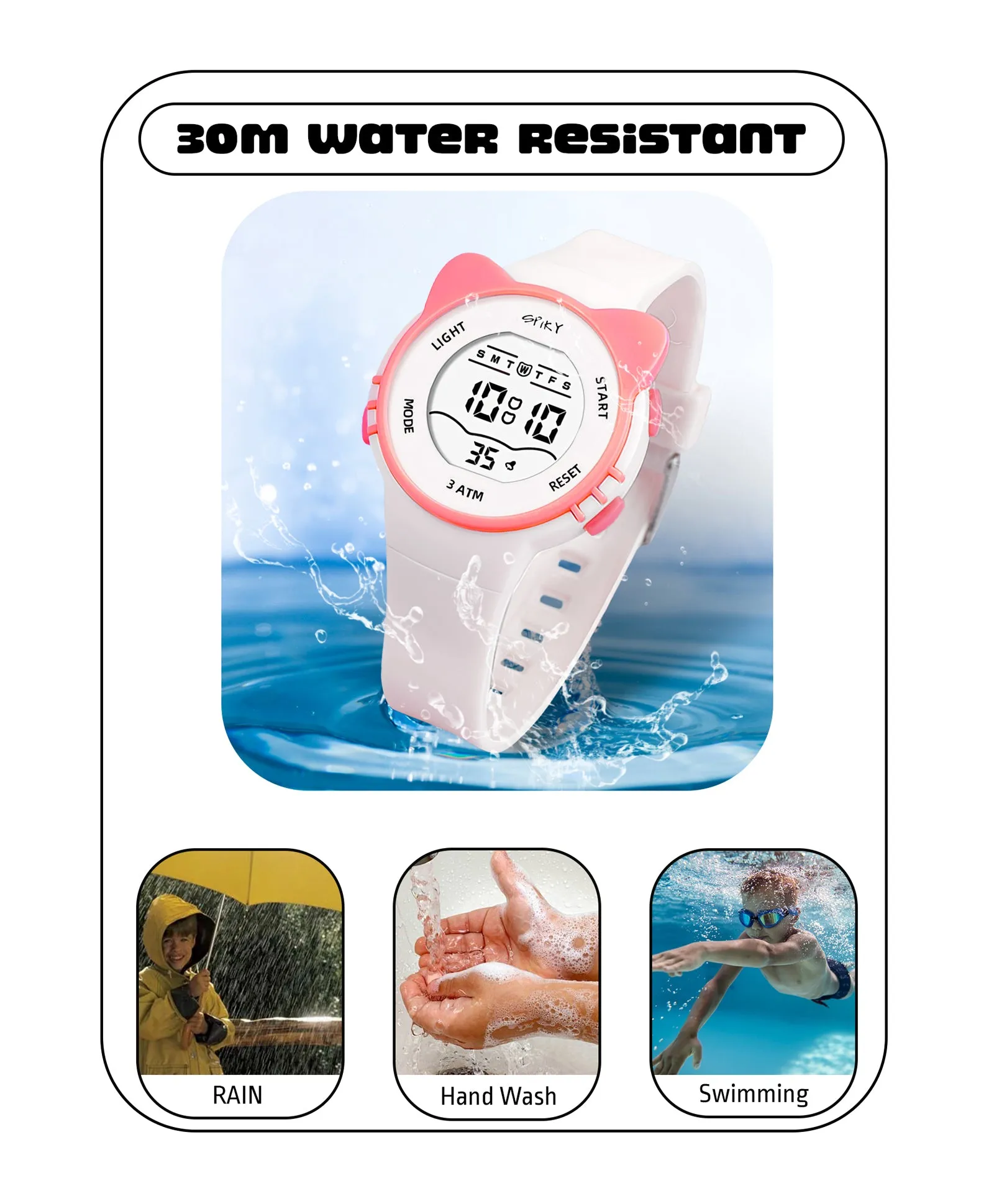 Spiky Round Cat Shaped Sports Digital Watch - White