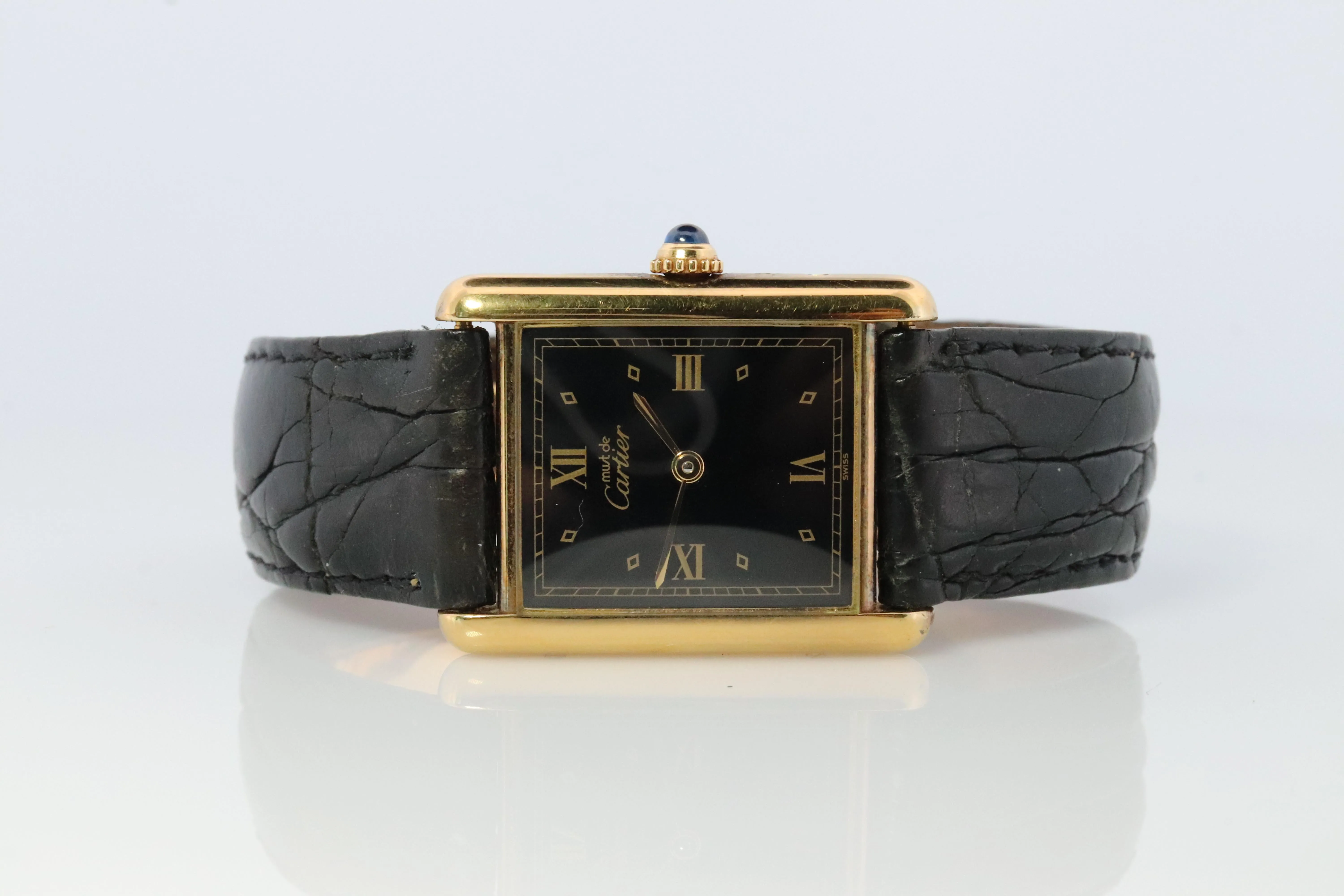 Vintage Must de Cartier Trinity Tank Watch. 925 Vermeil ARGENT Black Tank.