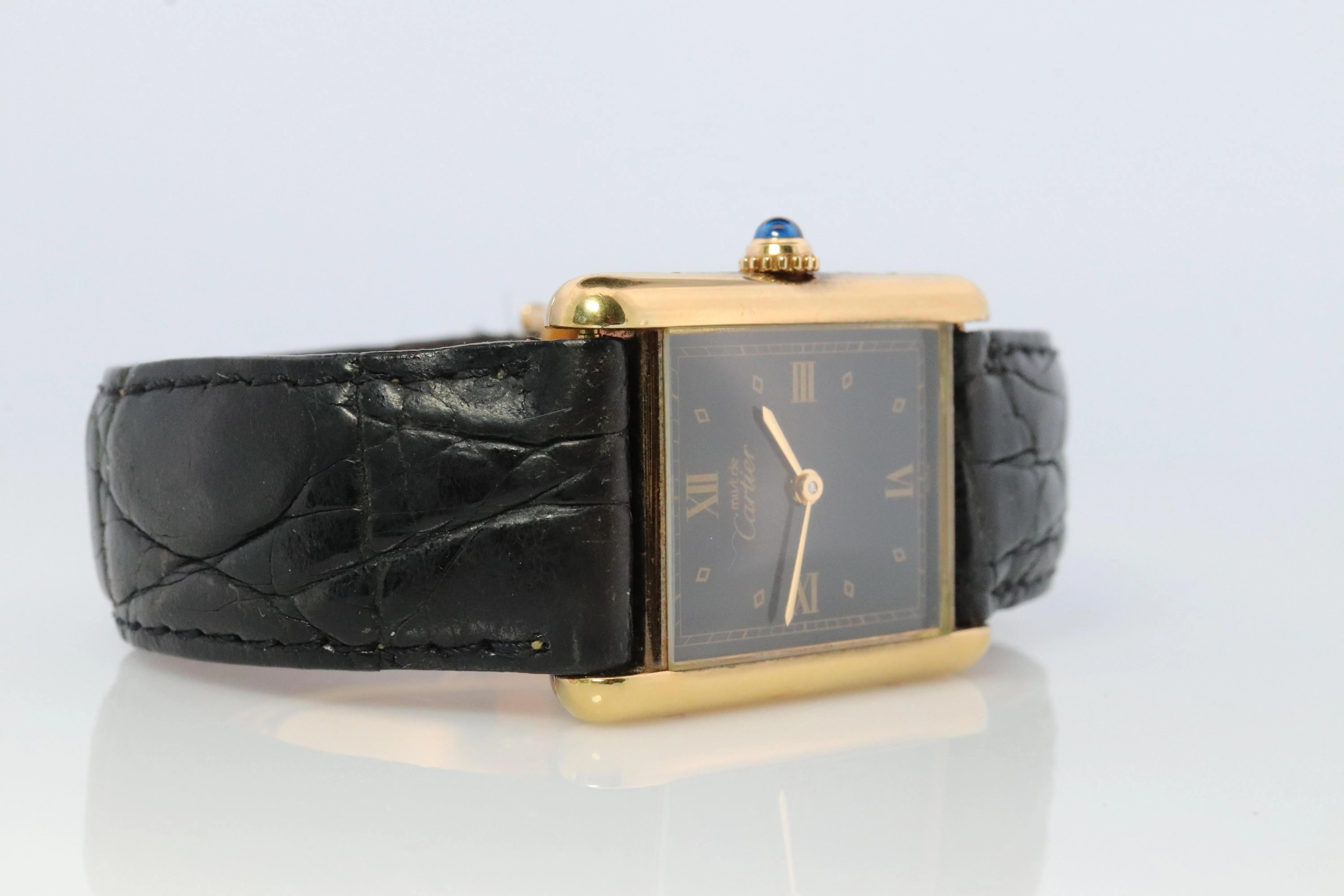 Vintage Must de Cartier Trinity Tank Watch. 925 Vermeil ARGENT Black Tank.