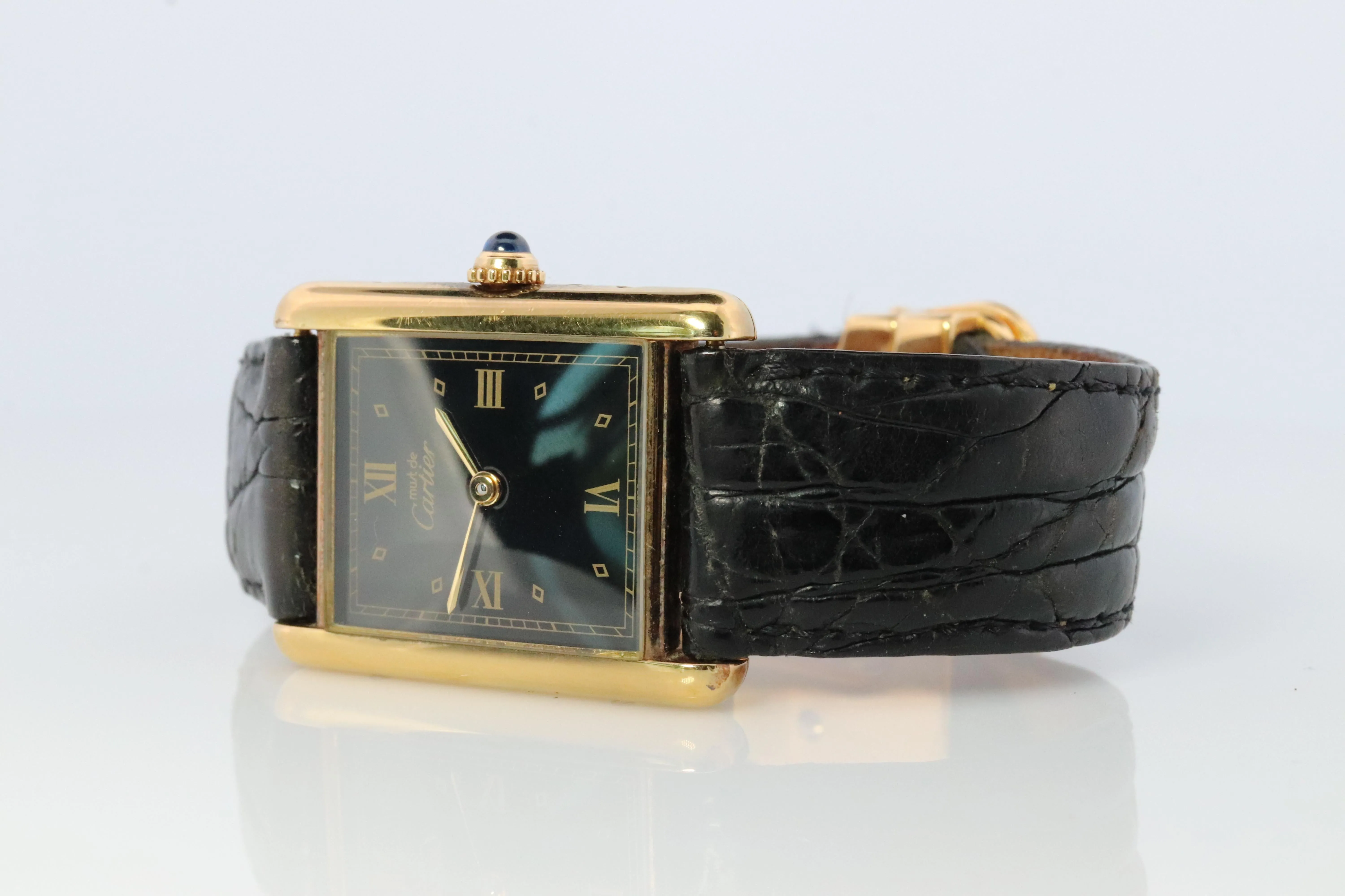 Vintage Must de Cartier Trinity Tank Watch. 925 Vermeil ARGENT Black Tank.