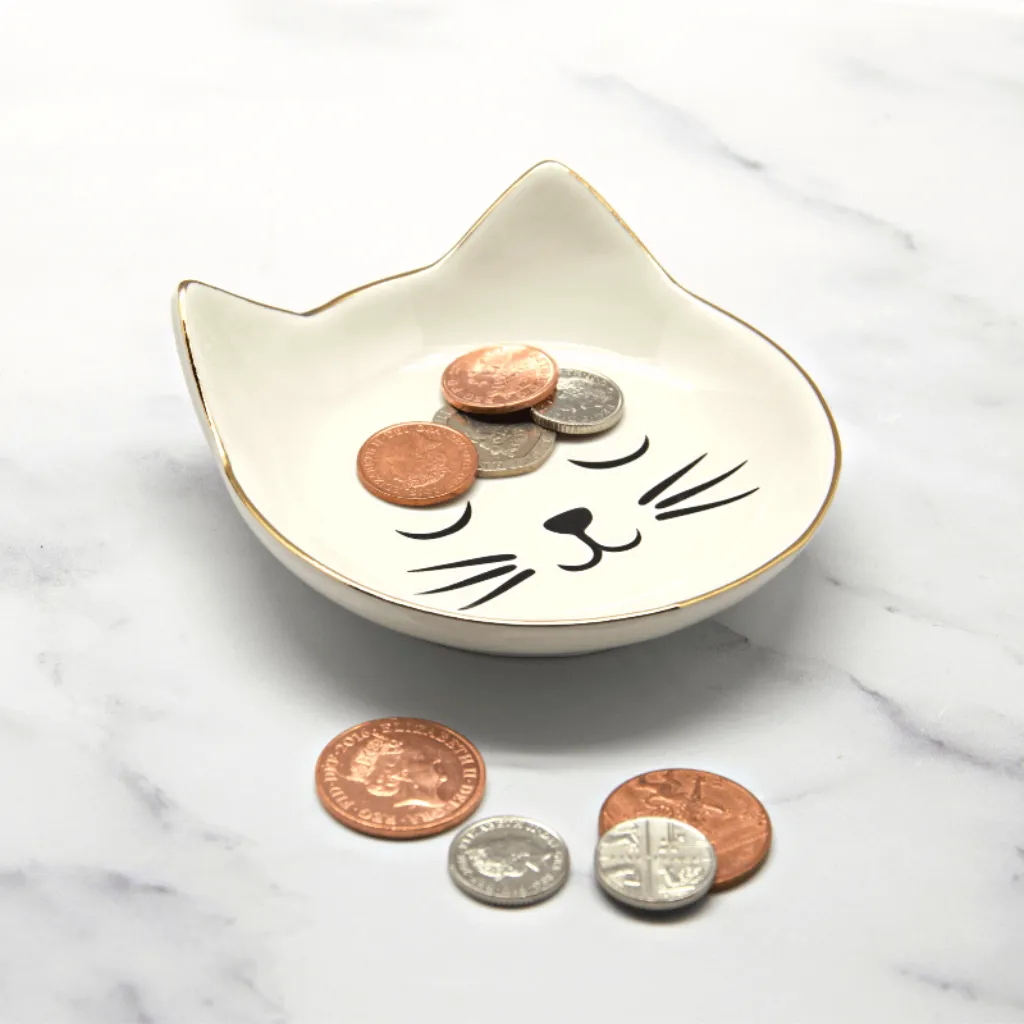 White & Gold Cat Face Trinket Dish
