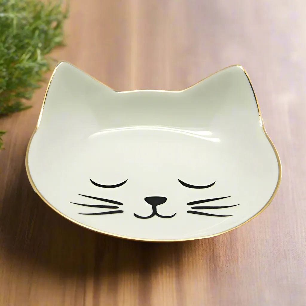 White & Gold Cat Face Trinket Dish