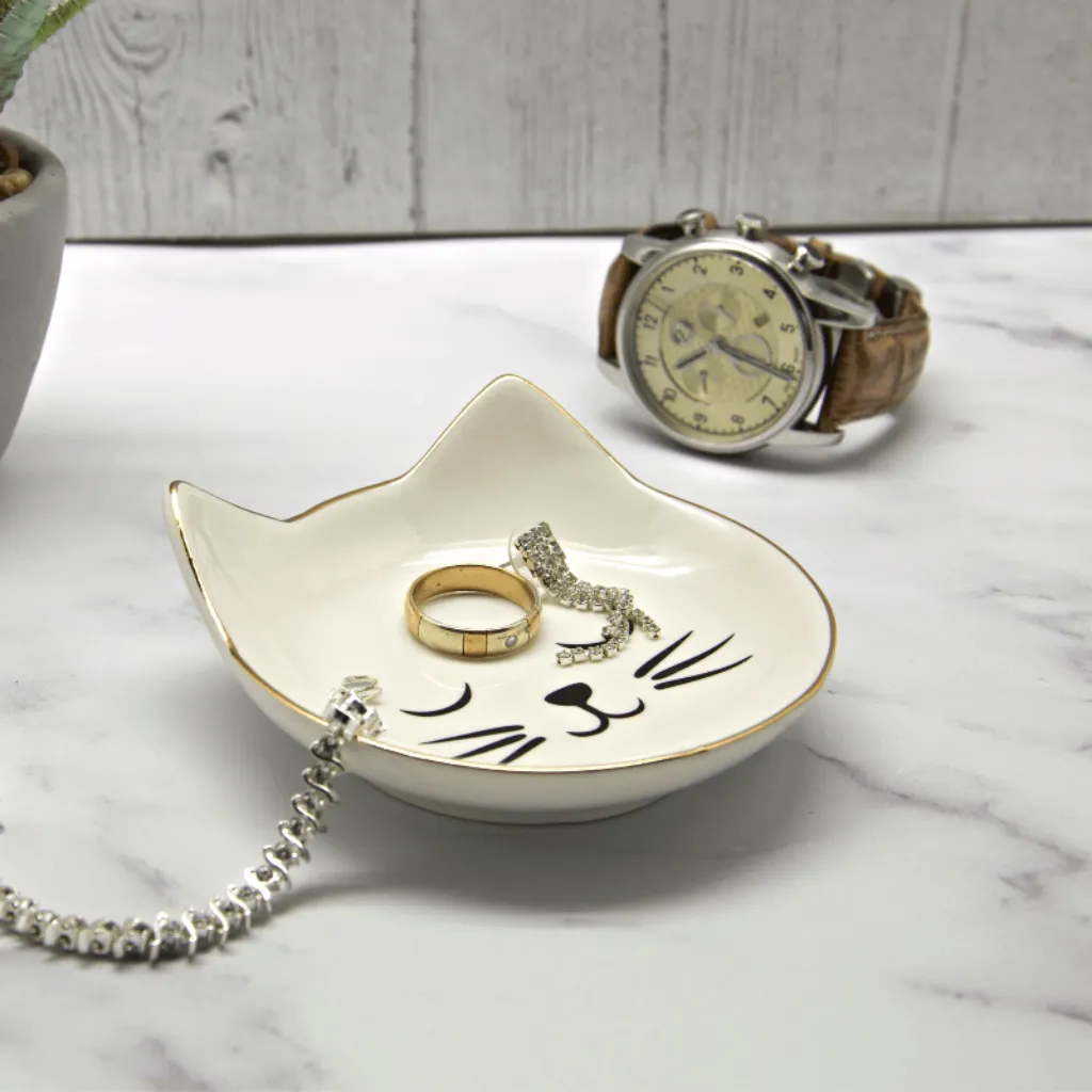White & Gold Cat Face Trinket Dish