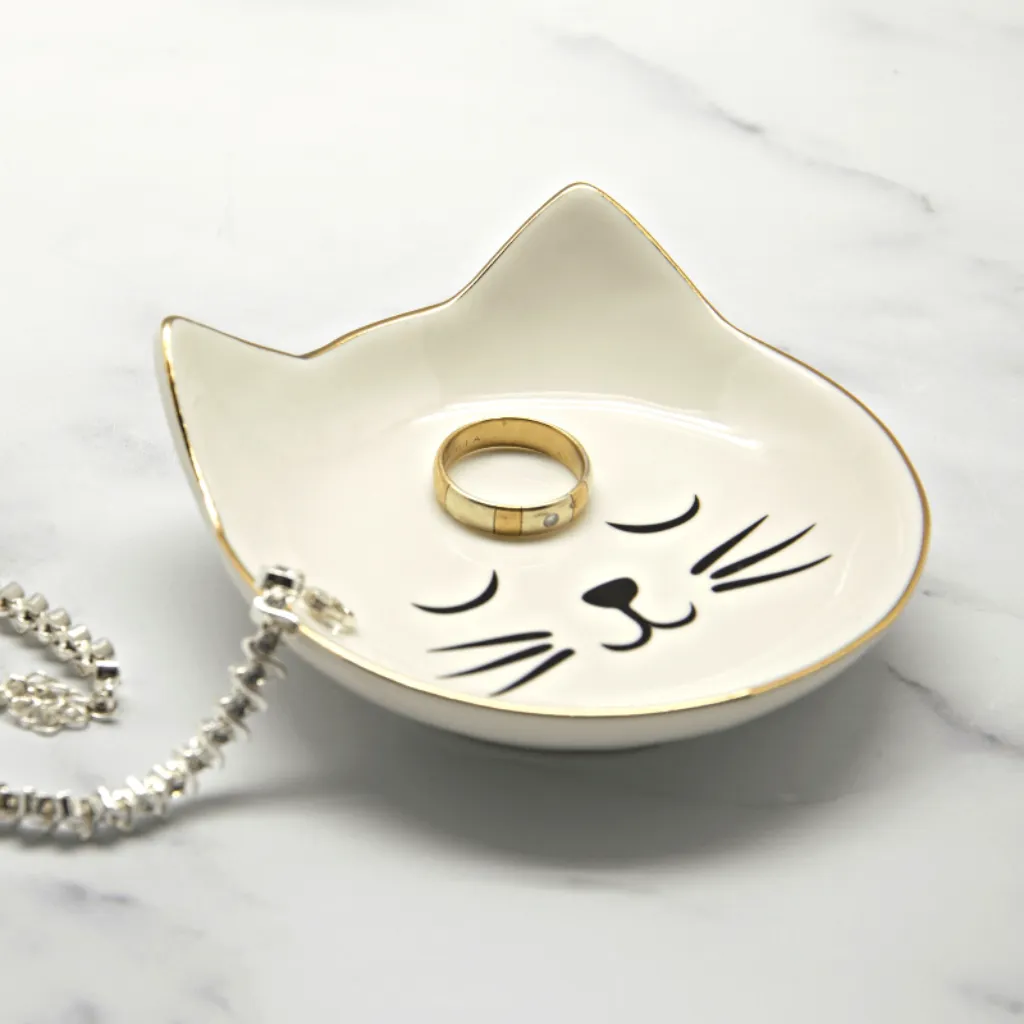 White & Gold Cat Face Trinket Dish
