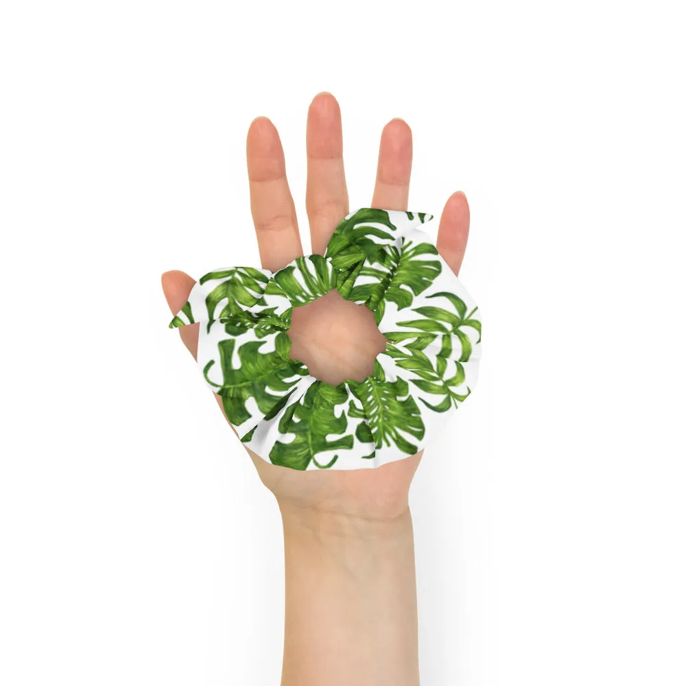 White Tropical Leaf Scrunchie, Hawaiian Style Tropical Leaves Print Hair Tie Accessories - Made in  USA/EU