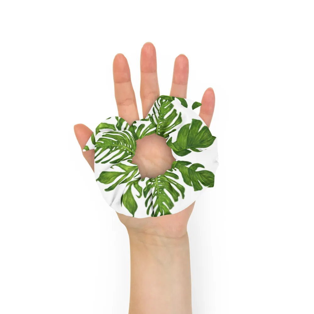 White Tropical Leaf Scrunchie, Hawaiian Style Tropical Leaves Print Hair Tie Accessories - Made in  USA/EU