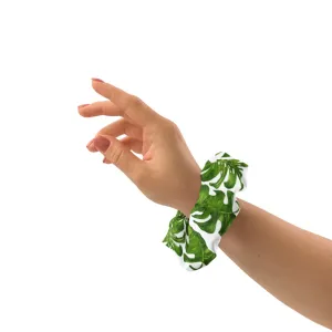 White Tropical Leaf Scrunchie, Hawaiian Style Tropical Leaves Print Hair Tie Accessories - Made in  USA/EU