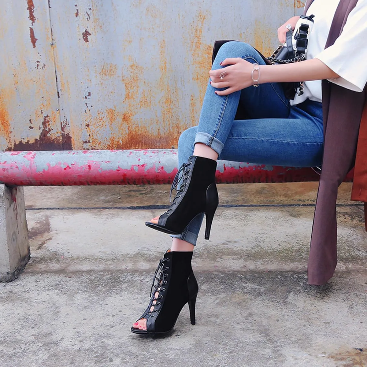 Women's Peep Toe Stiletto Dance Shoes Lace Up High Heel Short Booties Evening Wedding Party Jeans Dress Ankle Boots