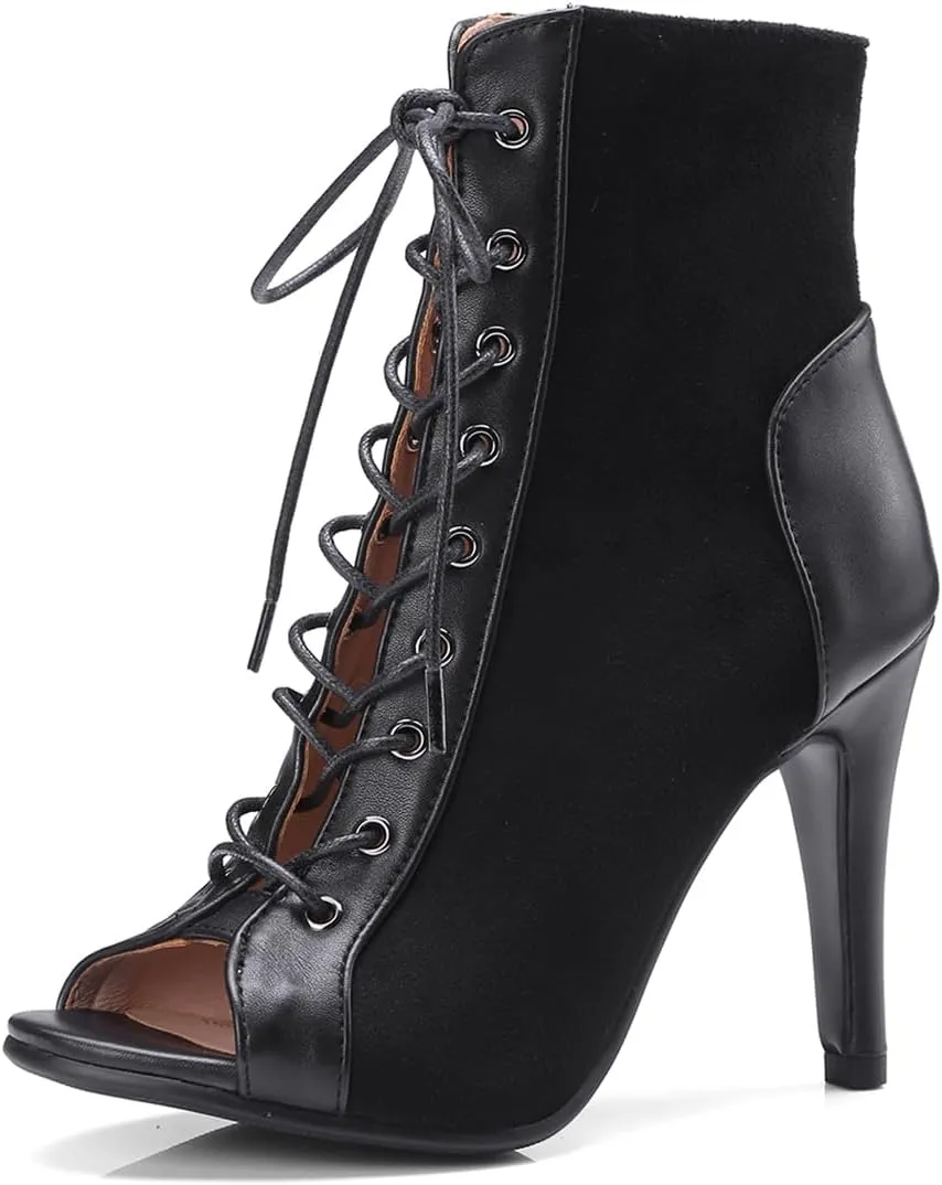 Women's Peep Toe Stiletto Dance Shoes Lace Up High Heel Short Booties Evening Wedding Party Jeans Dress Ankle Boots