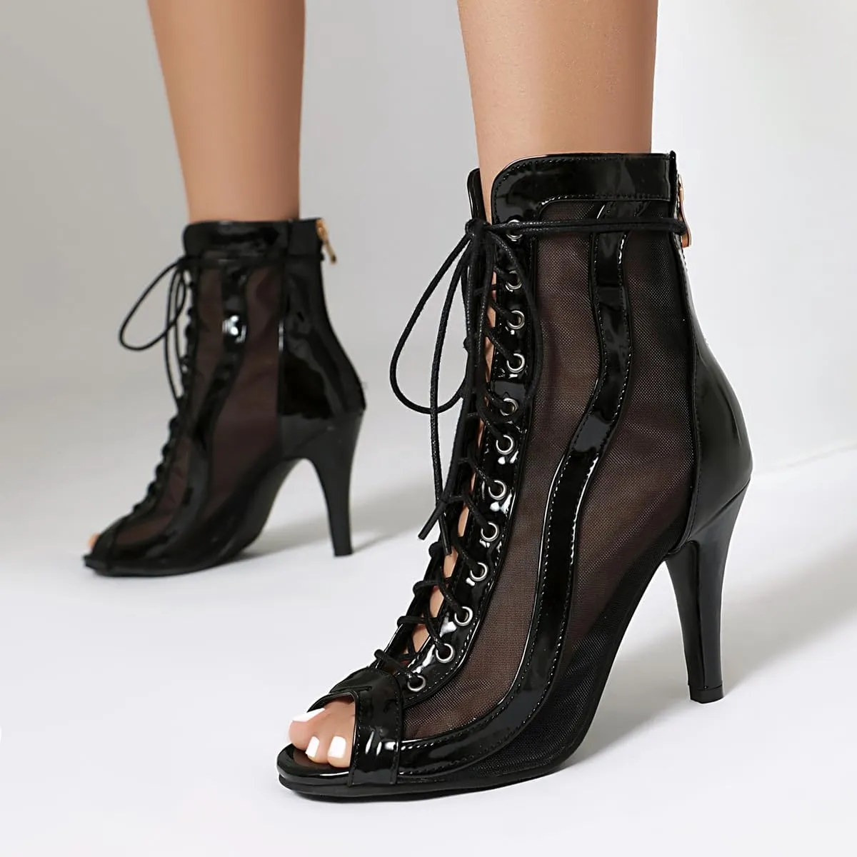 Women's Peep Toe Stiletto Dance Shoes Lace Up High Heel Short Booties Evening Wedding Party Jeans Dress Ankle Boots