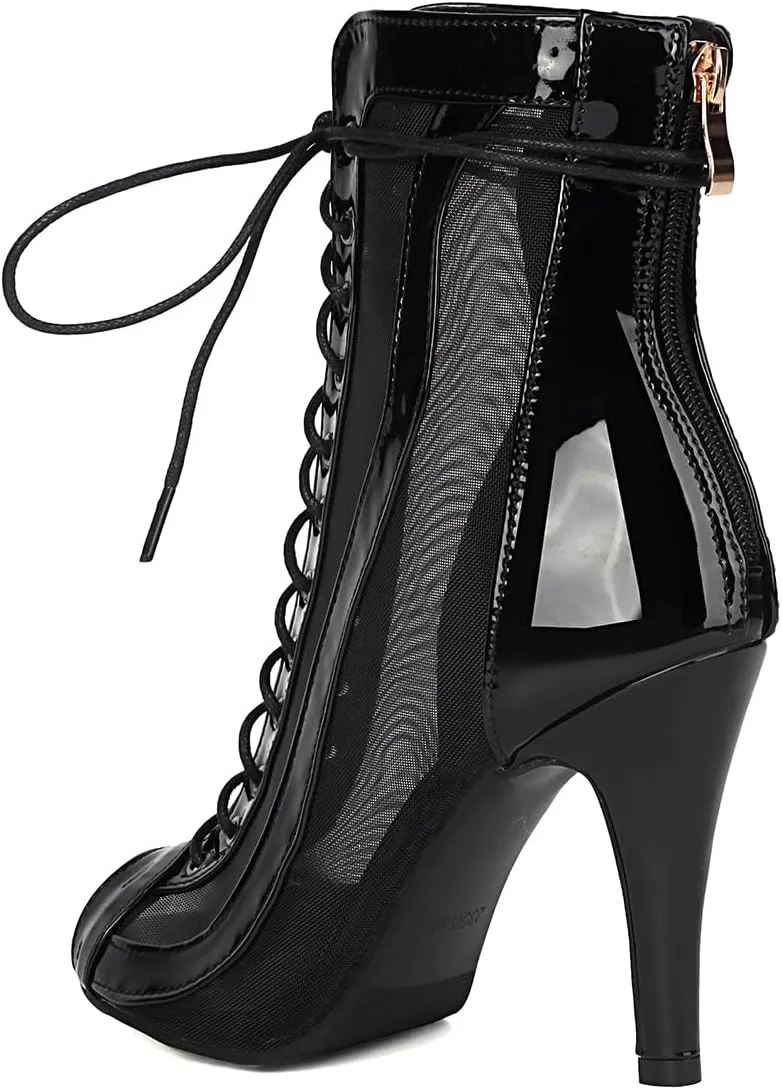 Women's Peep Toe Stiletto Dance Shoes Lace Up High Heel Short Booties Evening Wedding Party Jeans Dress Ankle Boots