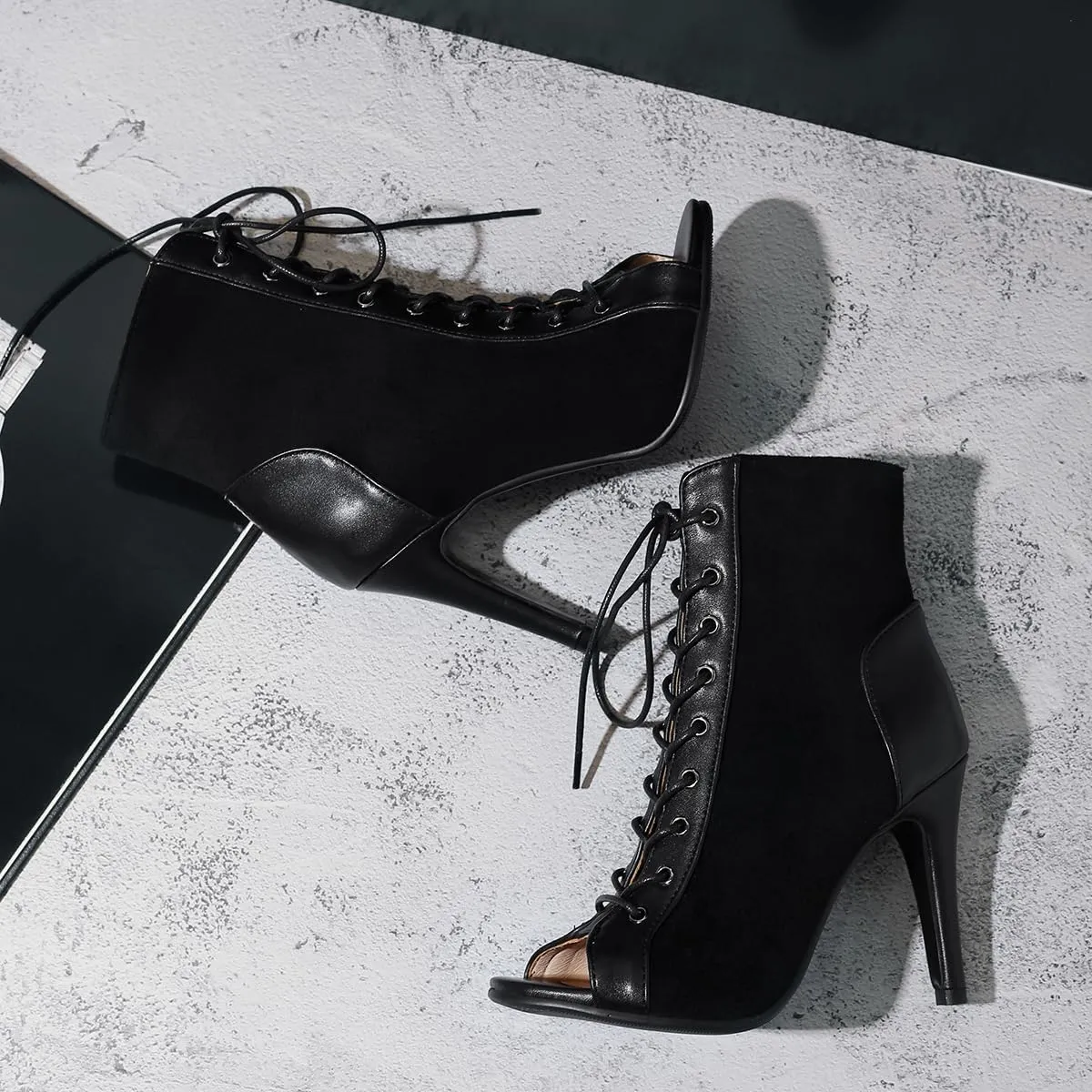 Women's Peep Toe Stiletto Dance Shoes Lace Up High Heel Short Booties Evening Wedding Party Jeans Dress Ankle Boots