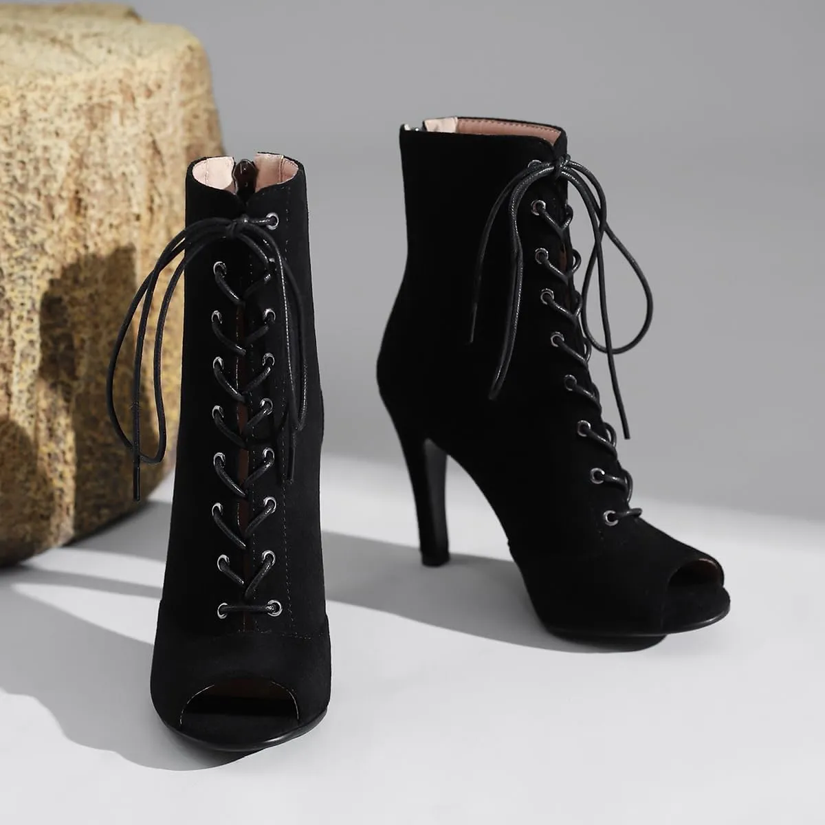 Women's Peep Toe Stiletto Dance Shoes Lace Up High Heel Short Booties Evening Wedding Party Jeans Dress Ankle Boots