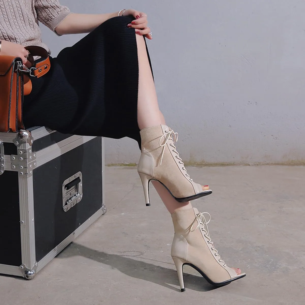 Women's Peep Toe Stiletto Dance Shoes Lace Up High Heel Short Booties Evening Wedding Party Jeans Dress Ankle Boots