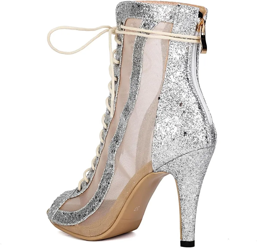 Women's Peep Toe Stiletto Dance Shoes Lace Up High Heel Short Booties Evening Wedding Party Jeans Dress Ankle Boots