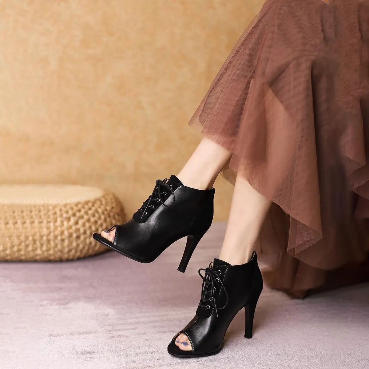 Women's Stiletto Ankle Boots Pointed Toe Lace Up High Heel Short Booties Evening Wedding Party Jeans Dress Heeded Dance Shoes