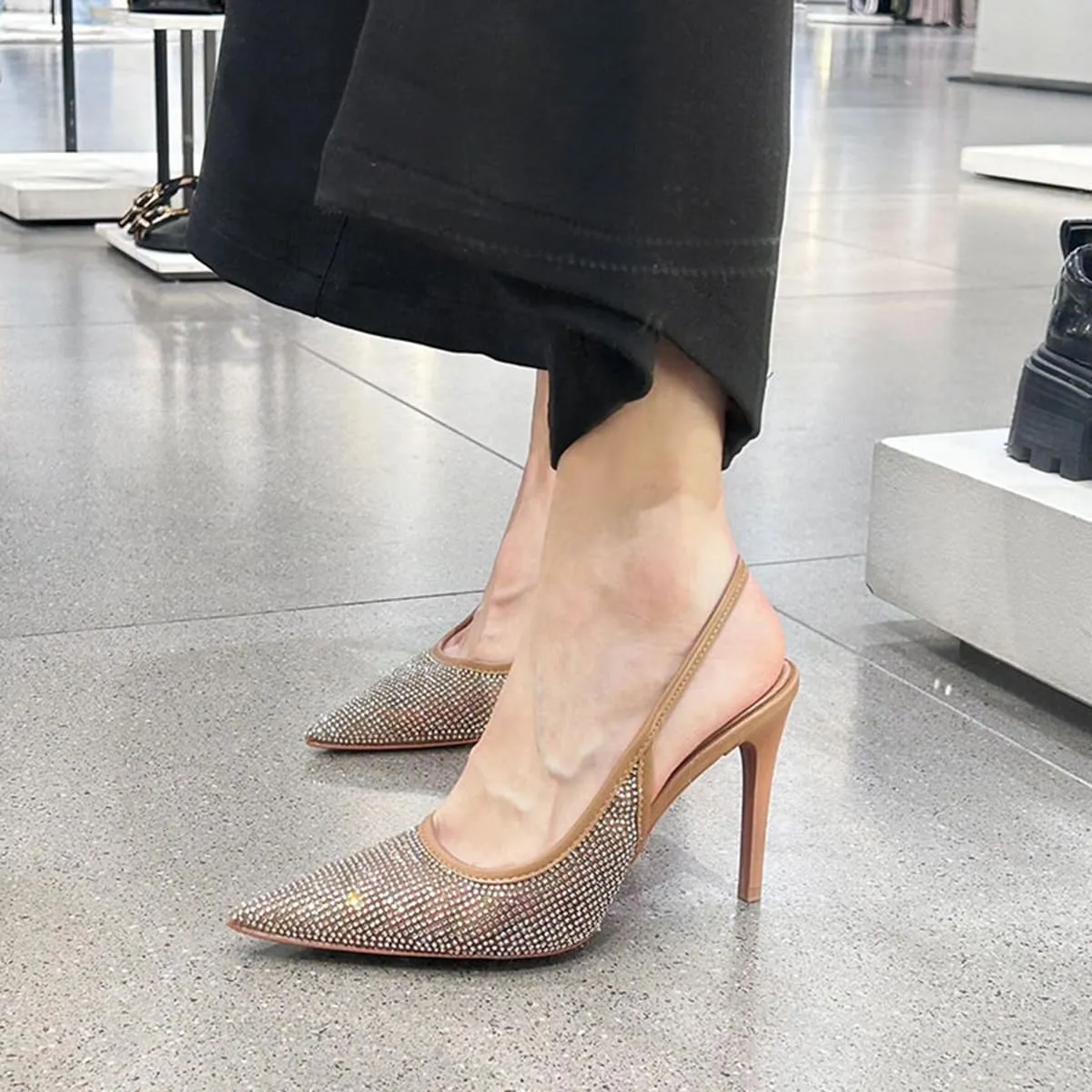 Women's Stiletto High Heel Slingbacks Mesh Fabric With Rhinestone Back Strap With Elastic Pointed Toe Slip On Wedding Party Evening Dress Shoes for Women Ladies Girls