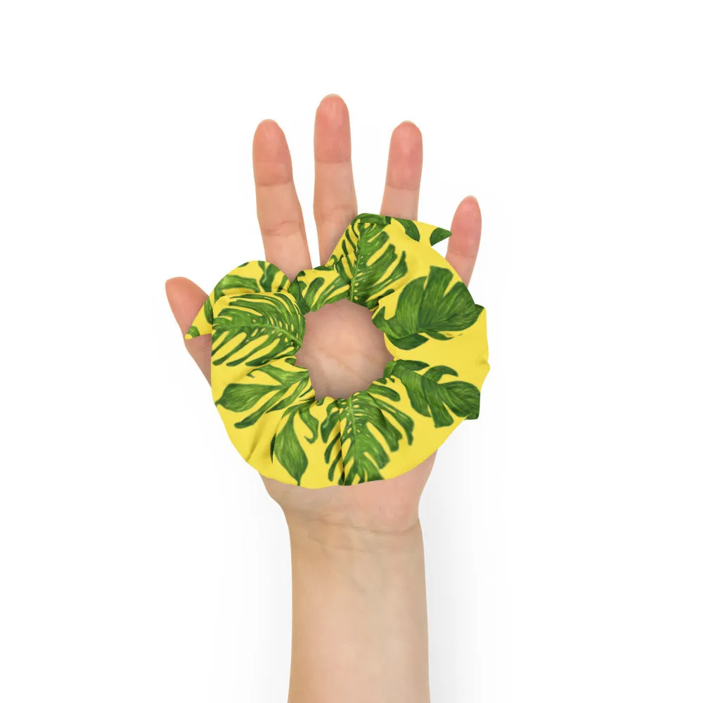 Yellow Tropical Scrunchie, Hawaiian Style Tropical Leaves Print Hair Tie Accessories - Made in  USA/EU