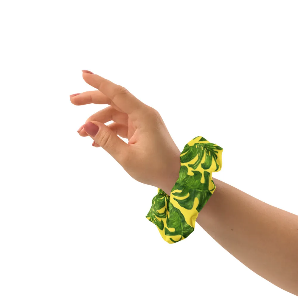 Yellow Tropical Scrunchie, Hawaiian Style Tropical Leaves Print Hair Tie Accessories - Made in  USA/EU