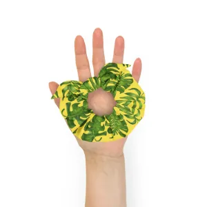 Yellow Tropical Scrunchie, Hawaiian Style Tropical Leaves Print Hair Tie Accessories - Made in  USA/EU